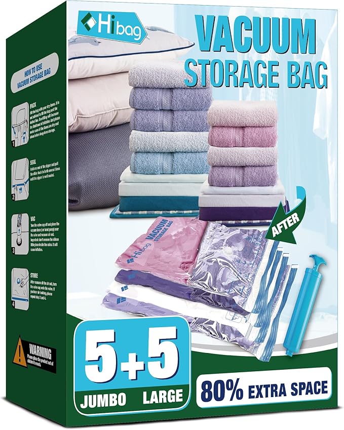 HIBAG vacuümzakken, 10 Jumbo ruimtebesparende vacuümzakken, vacuümzakken, vacuümzakken voor kleding, dekbedden, dekens, beddengoed (10J) 
