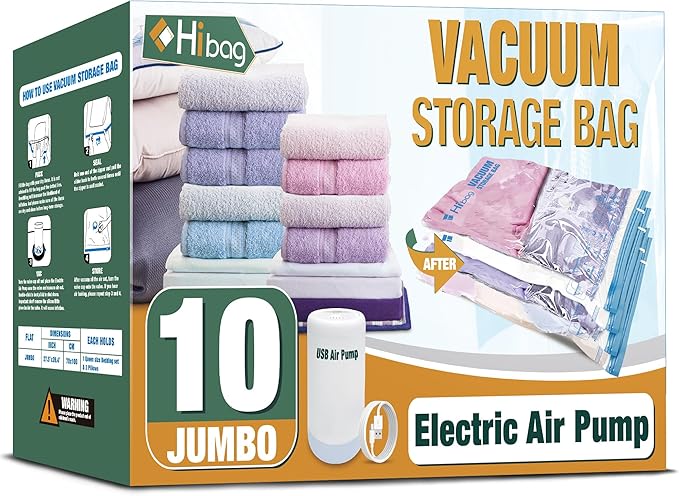 HIBAG vacuümzakken, 10 Jumbo ruimtebesparende vacuümzakken, vacuümzakken, vacuümzakken voor kleding, dekbedden, dekens, beddengoed (10J) 
