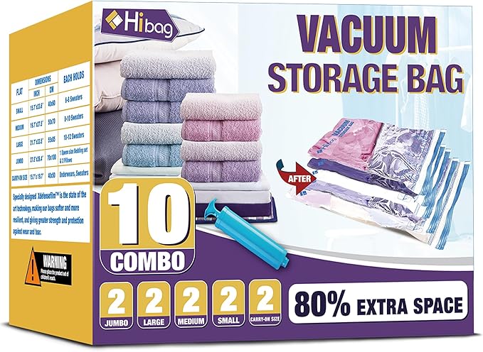 HIBAG vacuümzakken, 10 Jumbo ruimtebesparende vacuümzakken, vacuümzakken, vacuümzakken voor kleding, dekbedden, dekens, beddengoed (10J) 