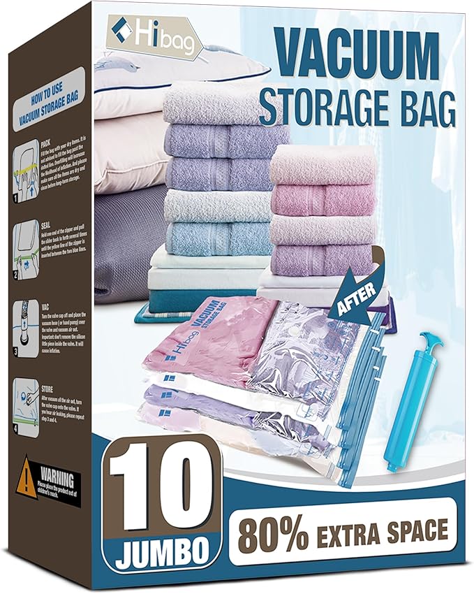 HIBAG vacuümzakken, 10 Jumbo ruimtebesparende vacuümzakken, vacuümzakken, vacuümzakken voor kleding, dekbedden, dekens, beddengoed (10J) 