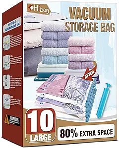 HIBAG vacuümzakken, 10 Jumbo ruimtebesparende vacuümzakken, vacuümzakken, vacuümzakken voor kleding, dekbedden, dekens, beddengoed (10J) 