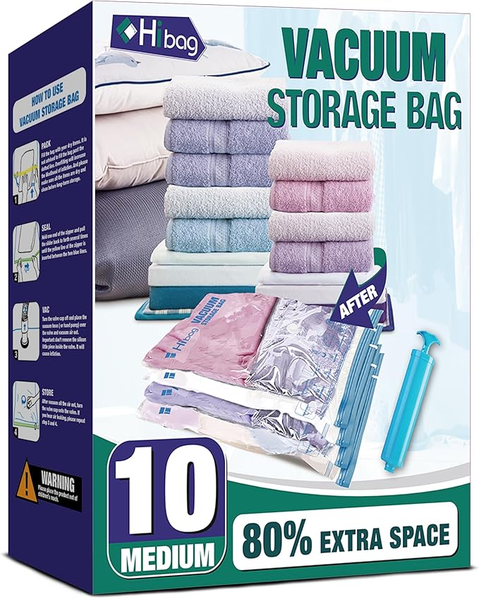 HIBAG vacuümzakken, 10 Jumbo ruimtebesparende vacuümzakken, vacuümzakken, vacuümzakken voor kleding, dekbedden, dekens, beddengoed (10J) 